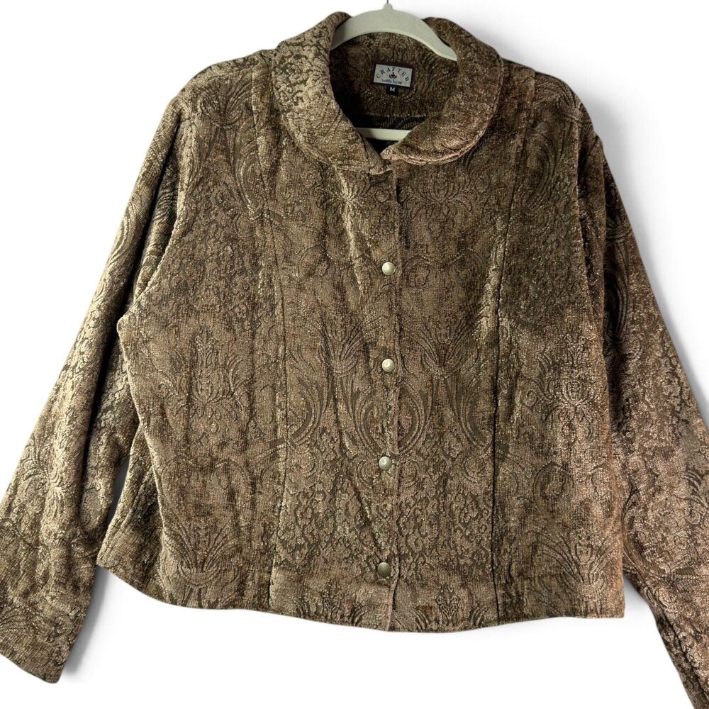 vintage 90s crafted with love tapestry chenille jacket medium bronze brown - Picture 2 of 11
